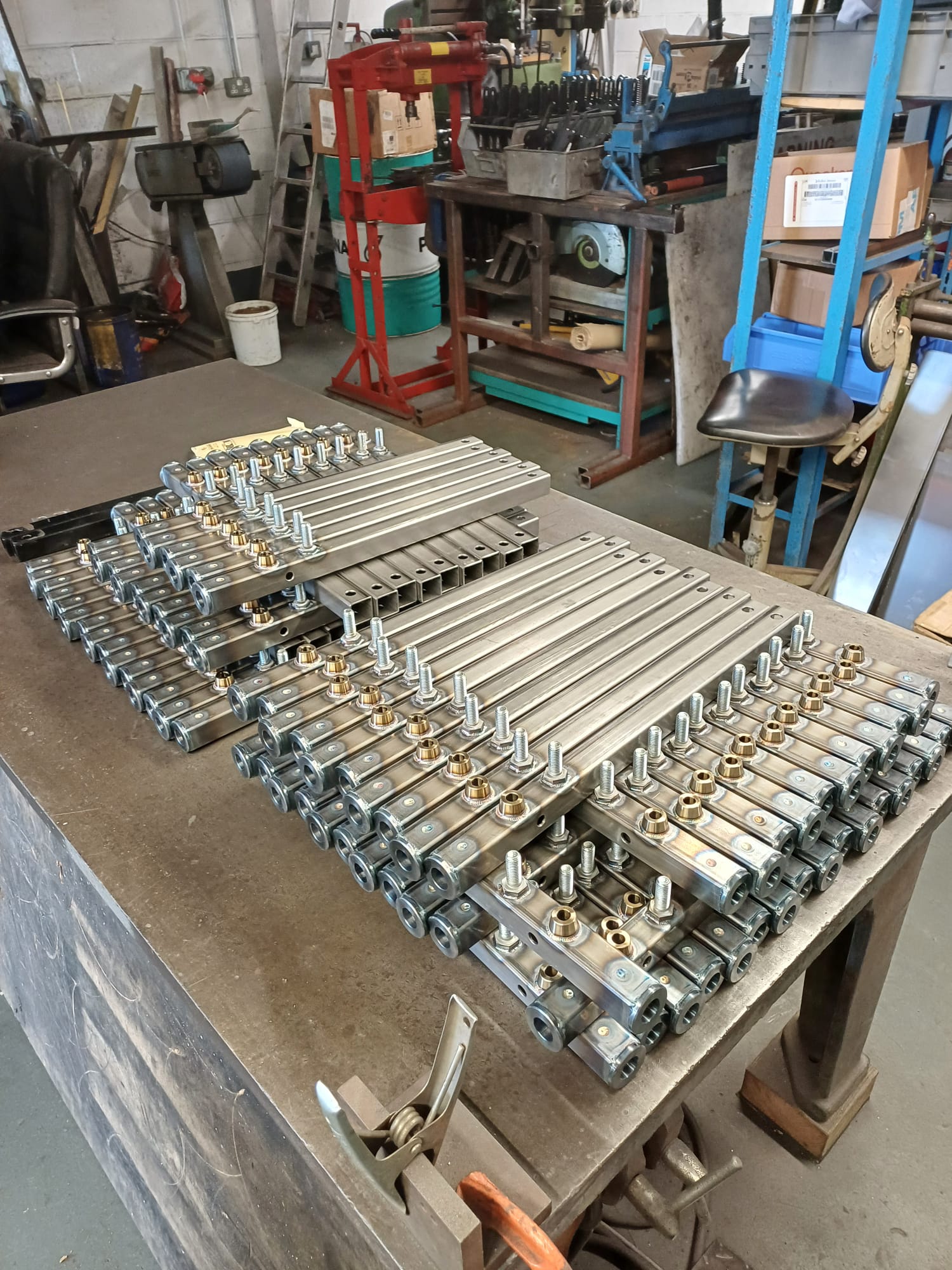 TowGlide components laid out in the workshop during production